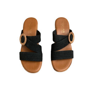 Italian Shoemakers Sandals Size 8, Black tan grania wedge comfort